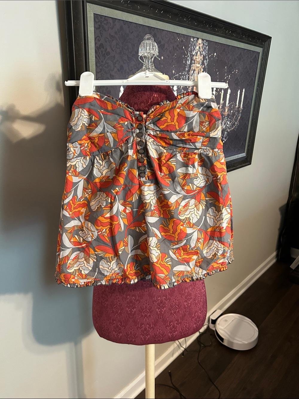 Lux Orange, Gray & White Floral Strapless Tubetop with Button Front